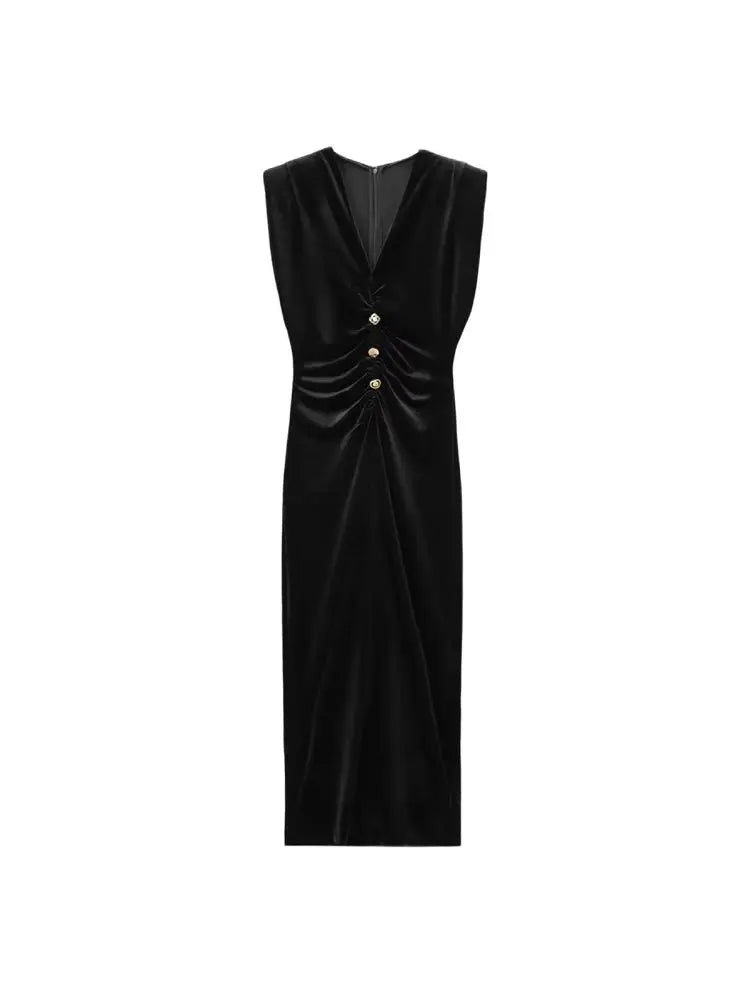 Women's Draped Velvet Midi Dress with Buttons, V Neck, Sleeveless, Female Dresses, Chic Fashion
