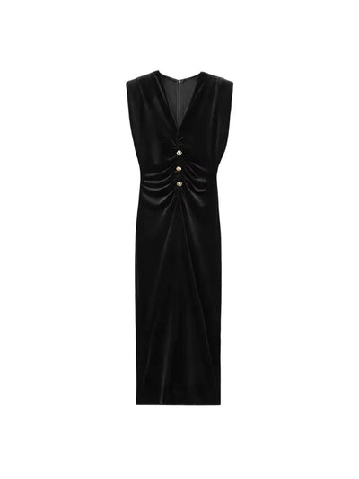 Women's Draped Velvet Midi Dress with Buttons, V Neck, Sleeveless, Female Dresses, Chic Fashion