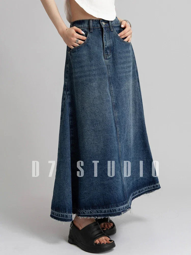 American Street Style Low Waist Large Hem Heavy Craft Retro Washed Frayed Denim Midi Skirt, Slimming A-line Skirts for Women