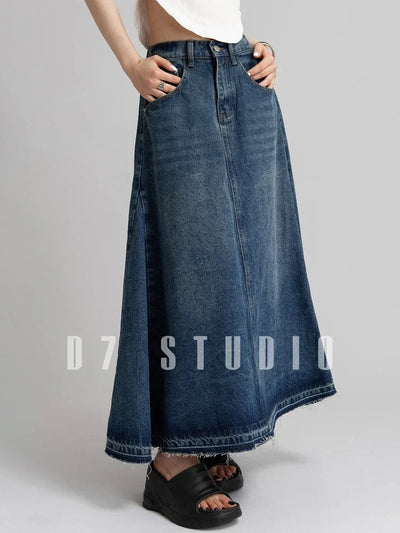 American Street Style Low Waist Large Hem Heavy Craft Retro Washed Frayed Denim Midi Skirt, Slimming A-line Skirts for Women