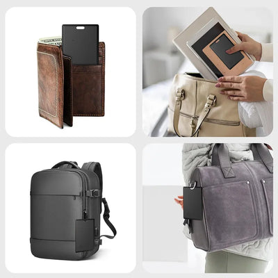 Black leather laptop sleeve with pockets, minimalist design, AirTag tracker compatible