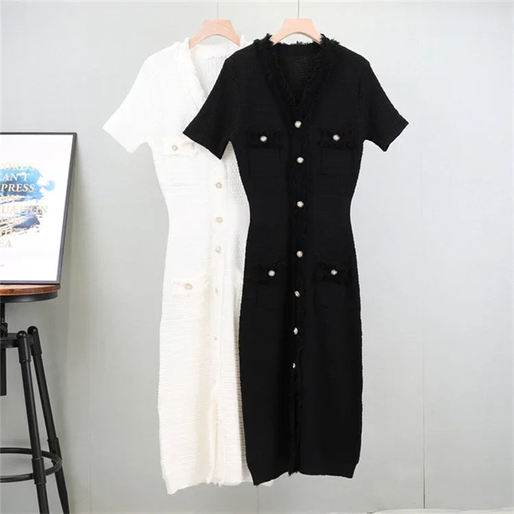 Summer Women Simple White Black Dresses Office Sheath Pencil Midi Dress Elegant Knitted Bodycon Party Casual Vestido