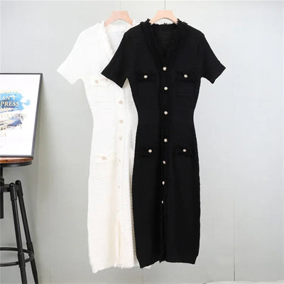 Summer Women Simple White Black Dresses Office Sheath Pencil Midi Dress Elegant Knitted Bodycon Party Casual Vestido