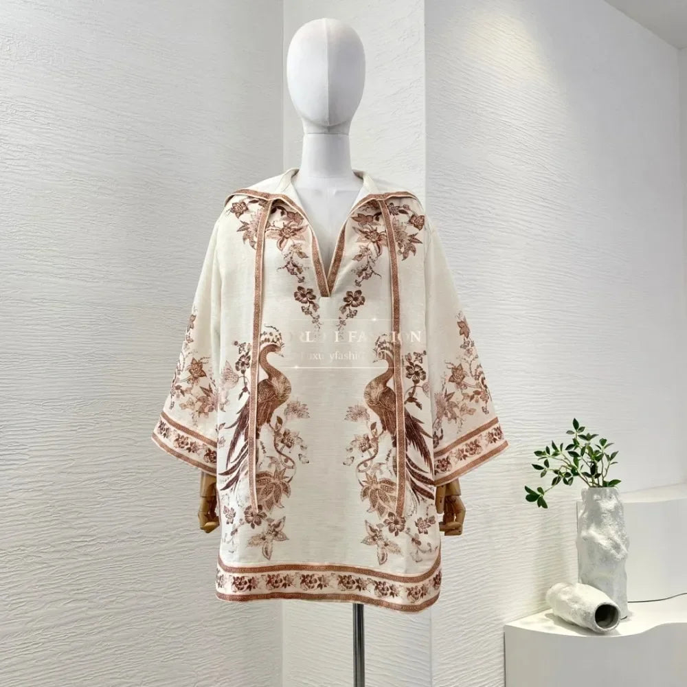 White Cream Color Brown Floral Print Long Sleeve Hooded Blouse and Pants 2025