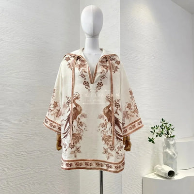 White Cream Color Brown Floral Print Long Sleeve Hooded Blouse and Pants 2025