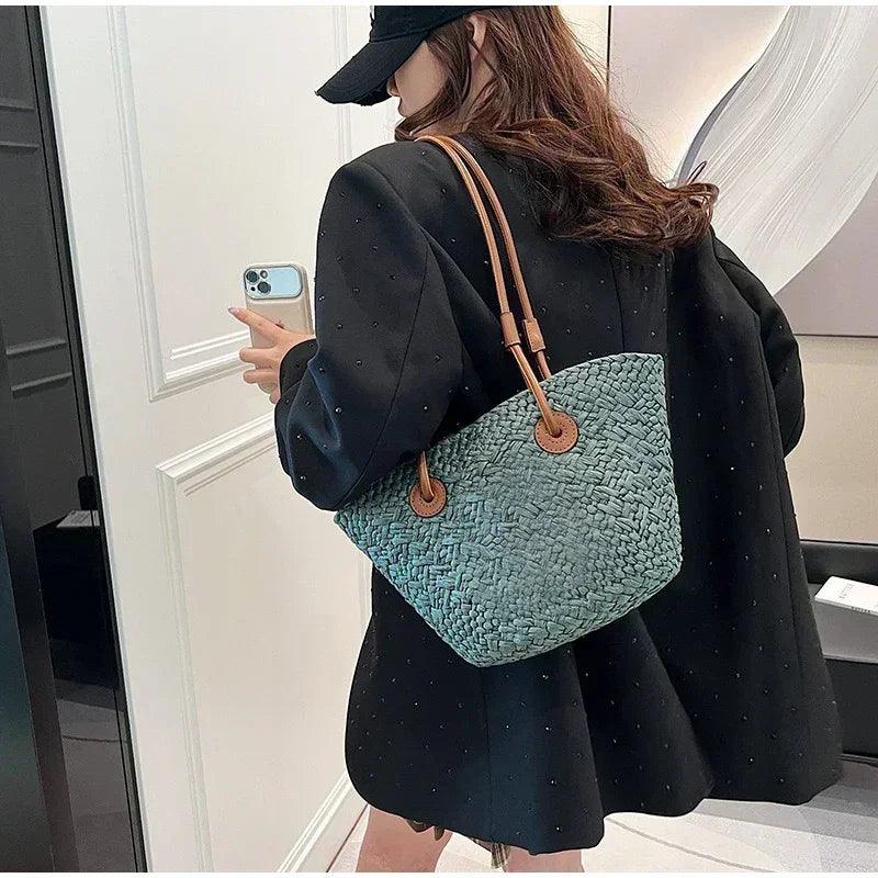 Designer bohemian chic shoulder bag,solid color large capacity straw woven tote bag,nature-inspired beach vacation