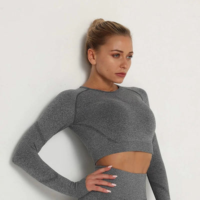 Woman Sports Yoga Top Knitted Shirt Seamless Athletic Crop Top  Long Sleeve