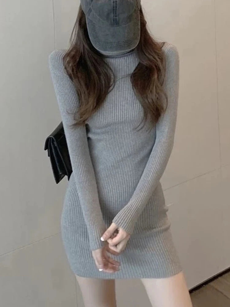 Elegant Turtleneck Knitted Women Dress Elastic Long Sleeve Above Knee vestidos mujer Basics Solid Slim-fit Dresses Female