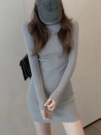 Elegant Turtleneck Knitted Women Dress Elastic Long Sleeve Above Knee vestidos mujer Basics Solid Slim-fit Dresses Female