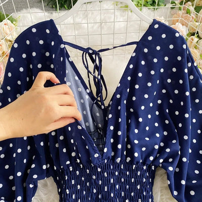 V Neck Sexy Dolman Sleeves Waist Slim Polka Dot Print Jumpsuit Women Wide Leg Trousers Jumpsuit