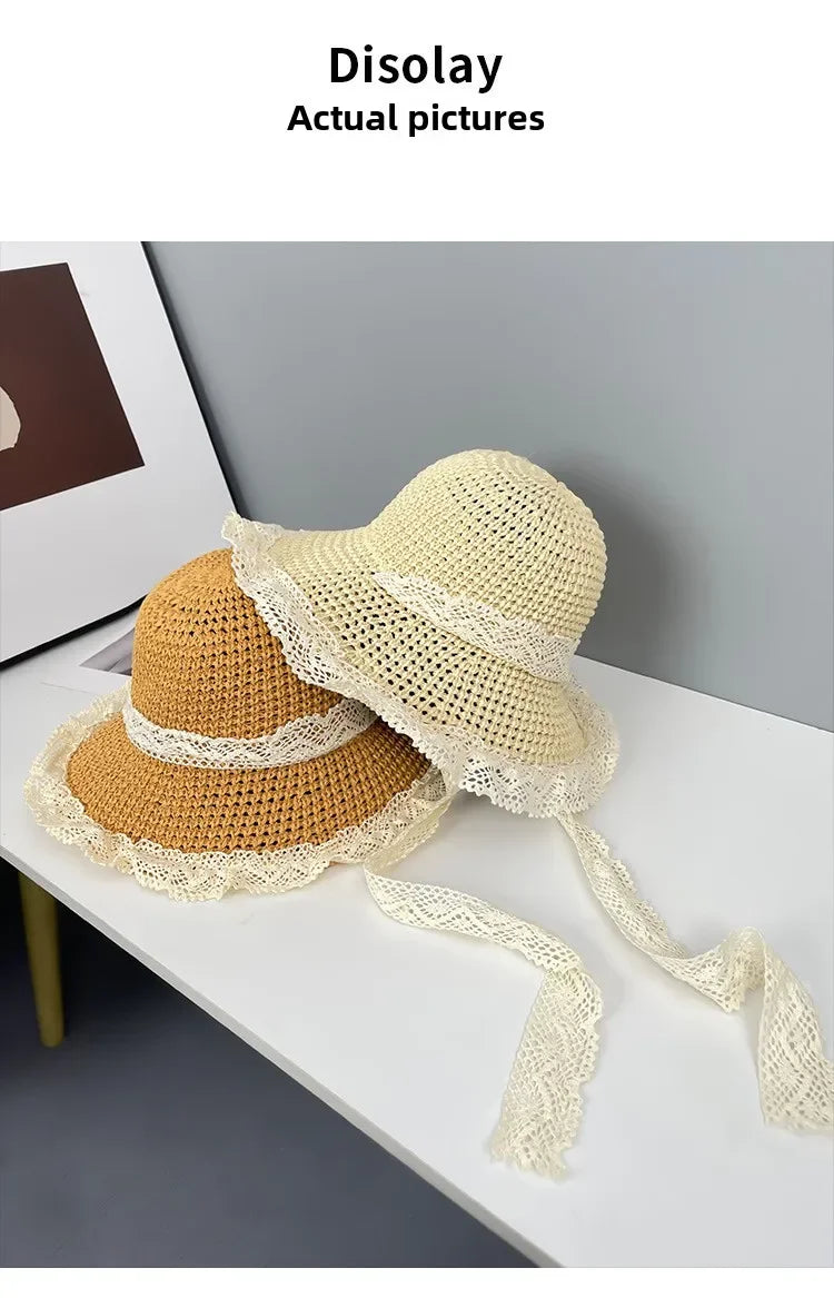 Sunscreen Hat for Women Summer Outdoor Sun Hat Large Brim French Lace Straw Hat Woven Vacation Beach Hat
