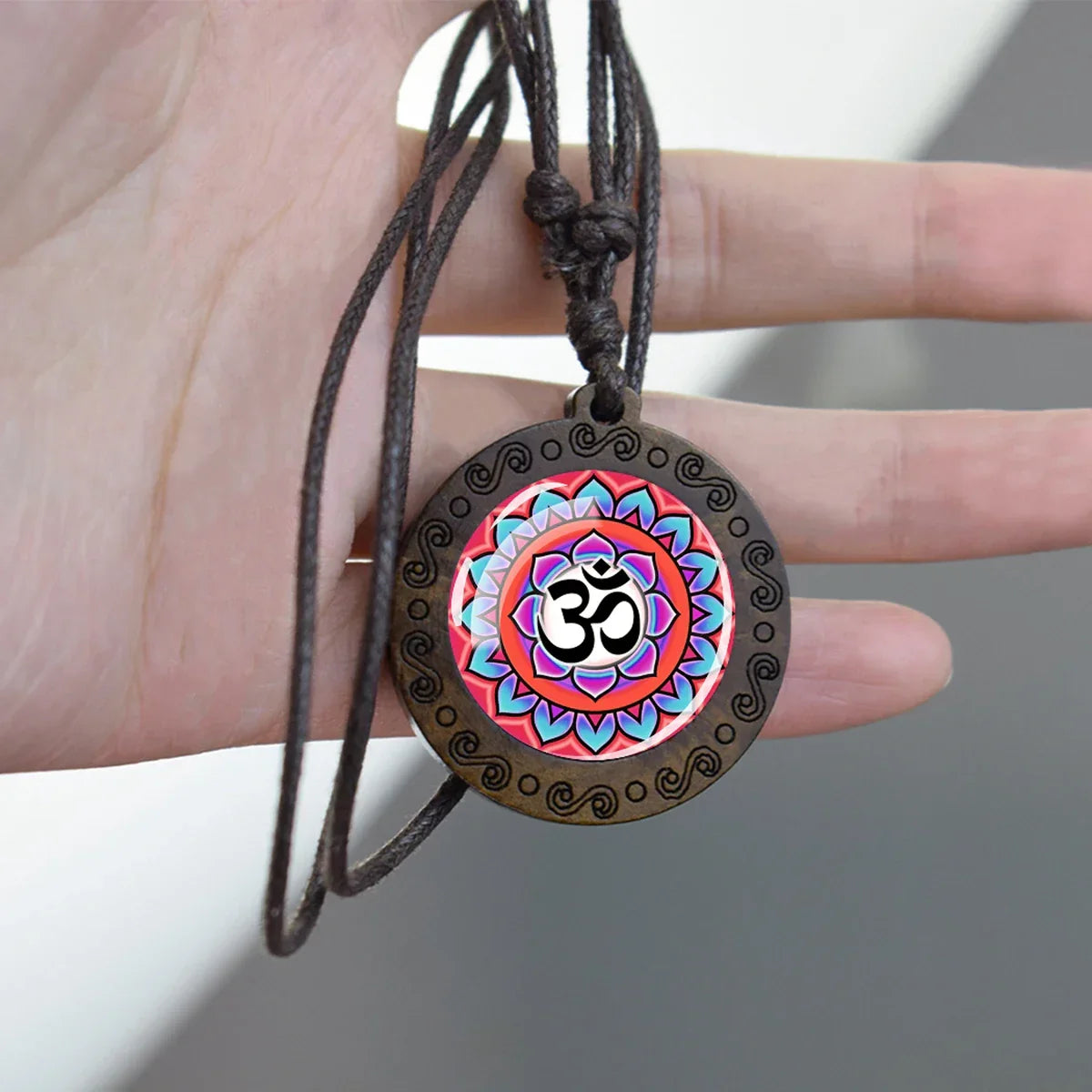 Hinduism Om Symbol Wood Glass Pendant Necklace Yoga Meditation Jewelry