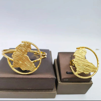 Gold Color Jewelry Sets for Women Bridal Luxury African Map Pendant Earrings Cuff Bangles Adjustable Ring Wedding Ornament Gifts