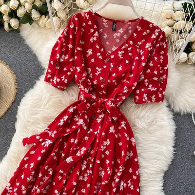 Korean Red elegant sexy Dress women Summer Autumn V-neck polka dot midi dress waist split dress vestidos de fiesta clothes