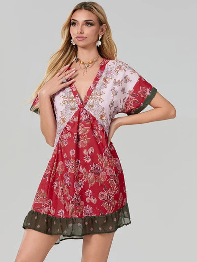 Women Summer Babydoll Dress Bohemian Holiday Vintage Floral Print Short Sleeve Deep V-Neck Flowy Dress with Pockets