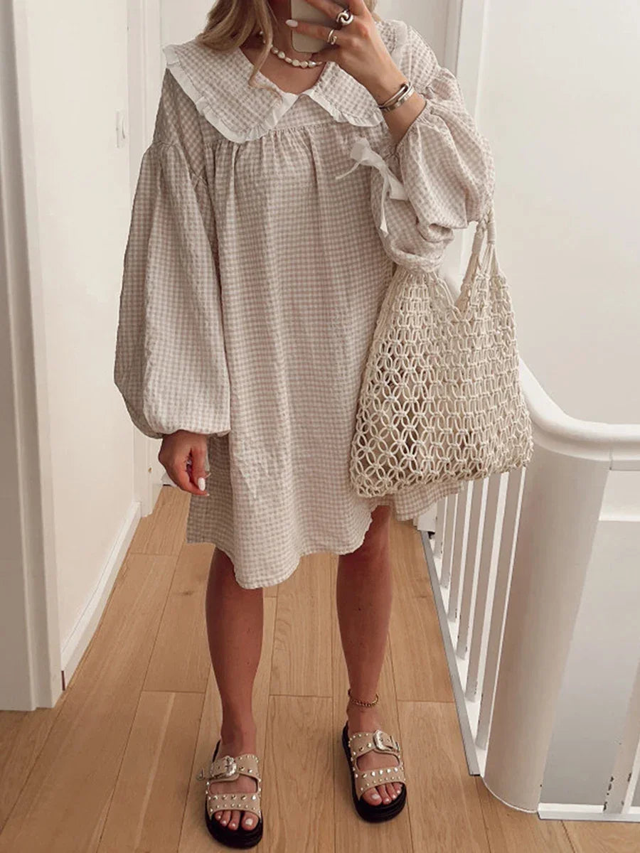 Gaono Women Y2K Gingham Babydoll Dress Puff Long Sleeve Plaid Mini Dress Peter Pan Collar Ruffle Short Dress Streetwear