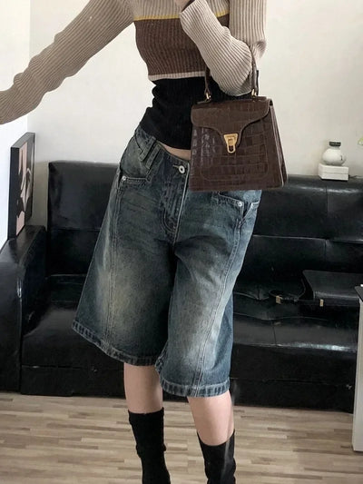 American Retro Blue Denim Shorts Women Korean Style High Waist Biker  Jeans Feminino 2025 Summer Chic Streetwear