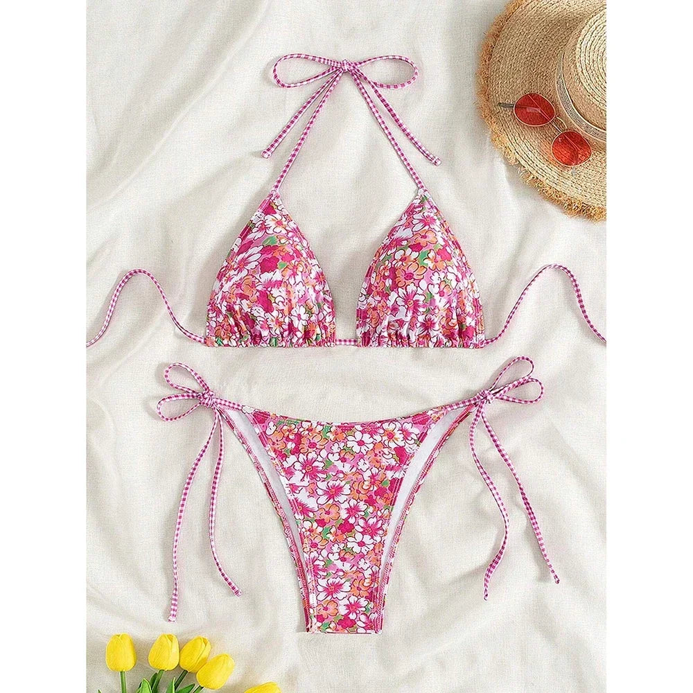 Swimsuit 2025 Female Micro Bikini Women Swimwear Summer Beachwear Women's Bathing Suit Floral Print Neck Halter Thong Bikini Set
