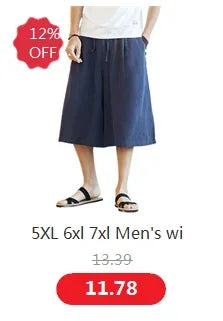 Wide leg Pants Men Streetwear Baggy Loose Pants M-8XL Plus size Ankle length Trousers cotton linen pants Black white khaki