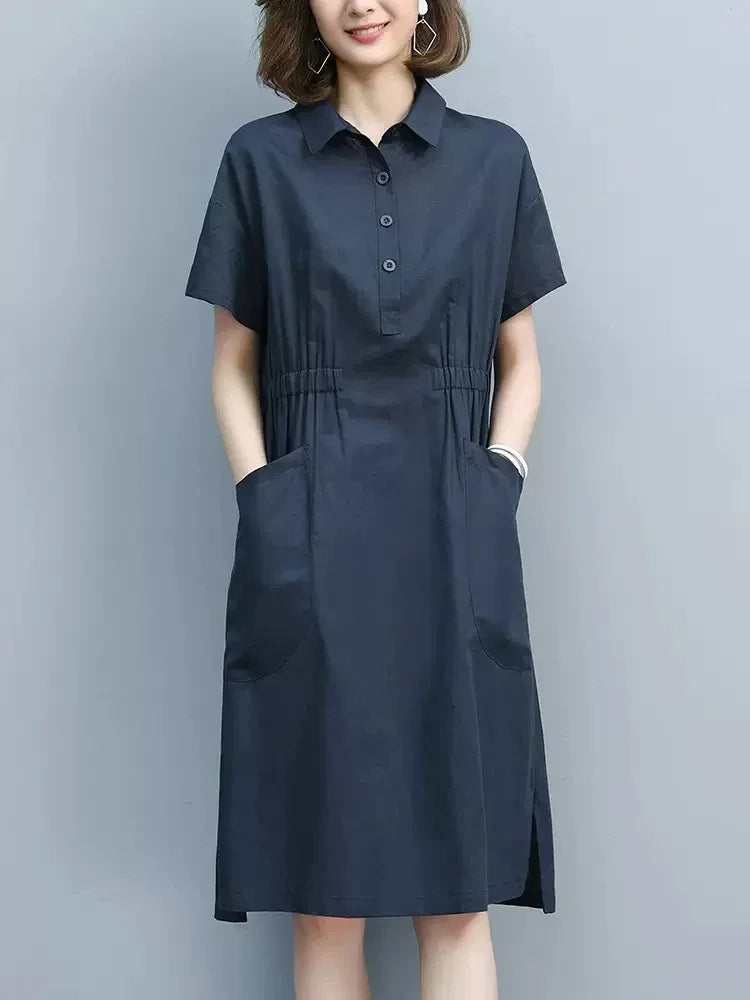 Summer Vintage Dresses for Women 2024 New Casual Loose Cotton Polo Collar Short Sleeve Office Lady Pleated Dresses Vestidos