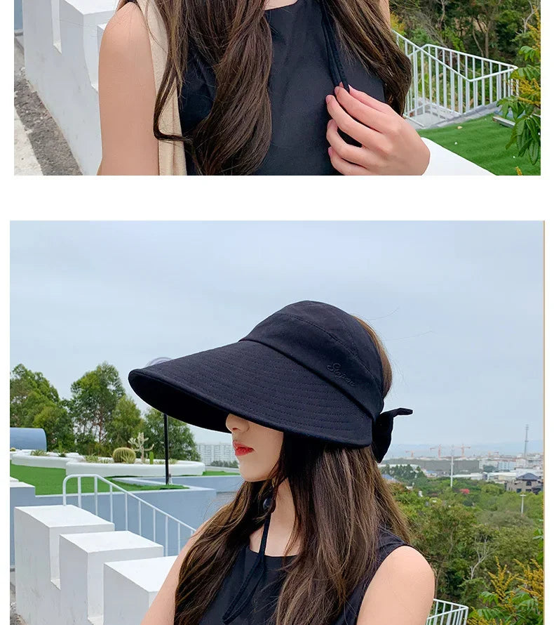 COKK Summer Hat Women Empty Top Foldable Sunhat Sunscreen Hats For Women Solid Color With Bow Ladies Hats Beach Cap Sun Hat