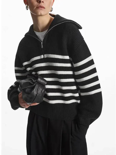 Oversize Fashion Women Sweaters 2025 Zip Thick Fall Loose Knit Jumper Turtleneck Turn-down Collar Casual Women's Striped Sweater