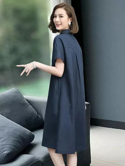 Summer Vintage Dresses for Women 2024 New Casual Loose Cotton Polo Collar Short Sleeve Office Lady Pleated Dresses Vestidos