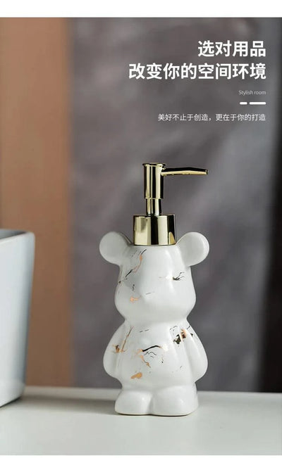 Luxury Marbling Bear Shape Ceramics Soap and Gel Dispenser Creative Black White Empty Shampoo Bottle Bathroom Storage Accessorie