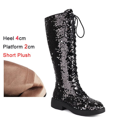 Knee-High Boots Women Flat Gothic Fashion Low Heel Shoes Autumn Winter Sequins Heels Bling Bling Silver Luxury Womens Long Boots