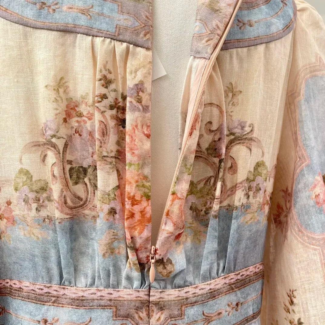 New High Quality Linen Elegant Long Lantern Sleeve Floral Print Waist Women Re-tro Midi Dress