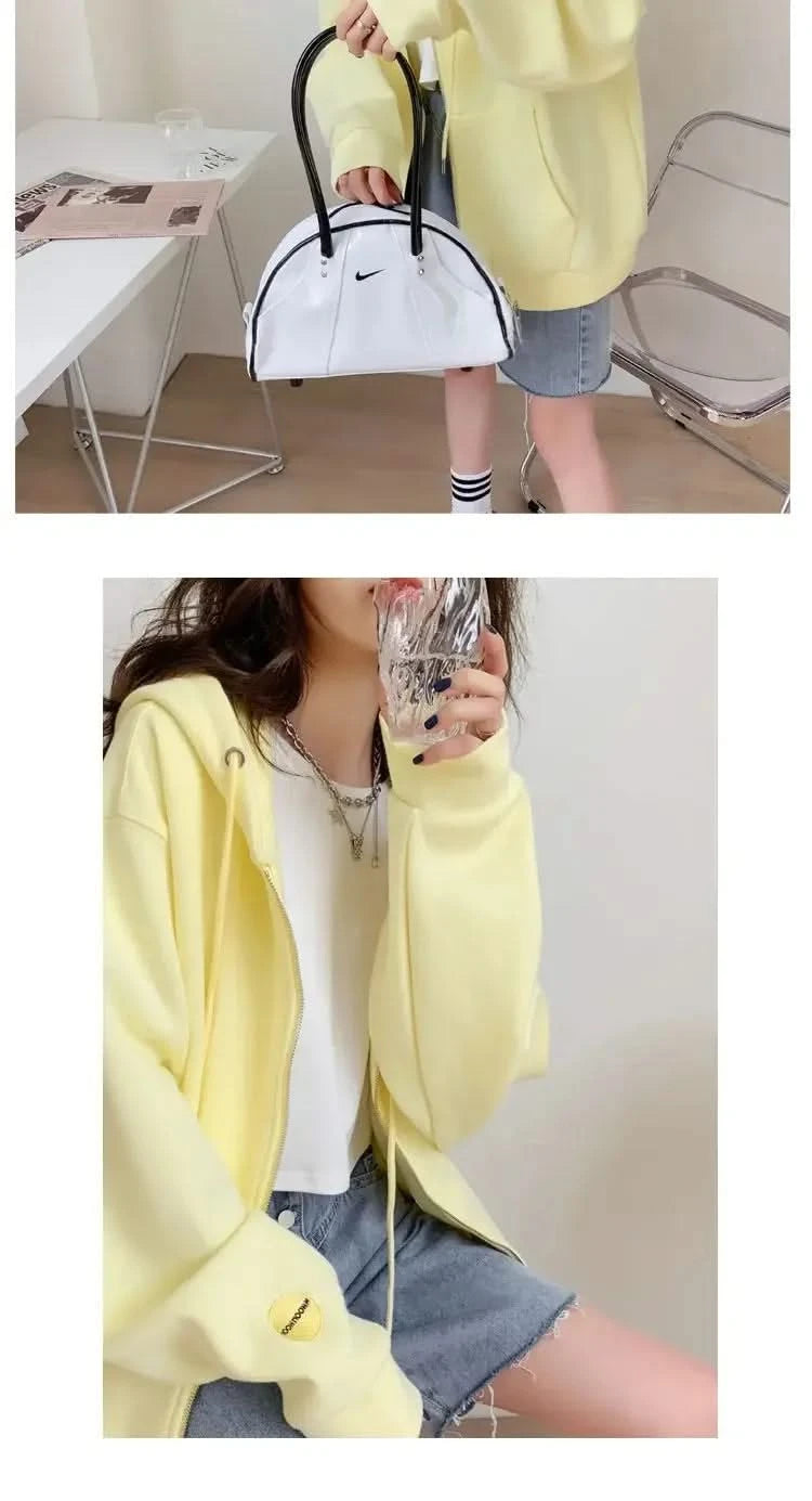 Casual Zip up Hooded Sweatshirt Candy Colour for Women Tops