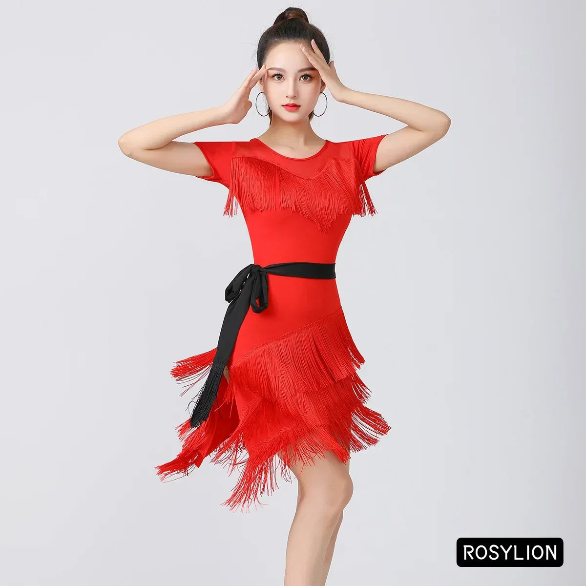 Women Latin Dance Outfit for Female Adults High End Slim Short Sleeve Tassel Split Dress Purple Red Sexy Practice Dance Clothing