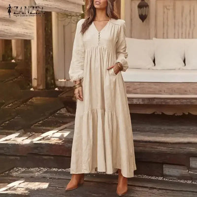 Vintage Cotton Linen Long Sleeve Dress Women Casual Autumn Maxi Robe V Neck Tiered Loose Vestido