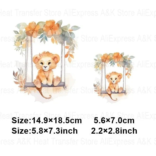 Baby Animal On Swings Heat Transfers For Kids Clothing Elephant Tigers Lion Stickers On Clothes Diy Thermal Patches Decals