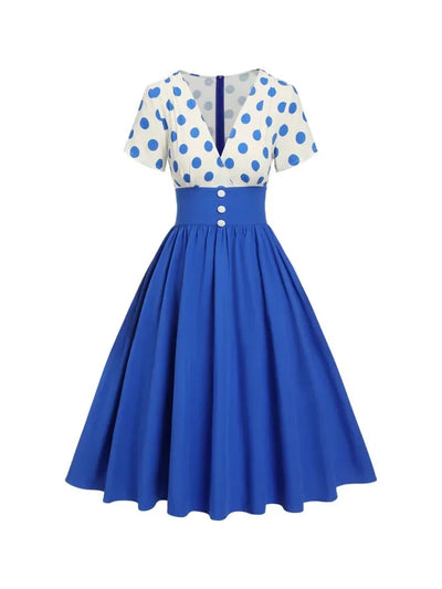 Polka Dot Women Summer Dresses Hepburn Style V-Neck Short Sleeve Vintage Print Patchwork Party Dress Casual A-Line