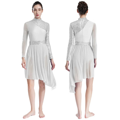 Women Modern Lyrical Dress Camisole Dance Costume Ballet Asymmetric High-Low Mesh Skirted Sleeveless Leotard Gymnastic Dancewear