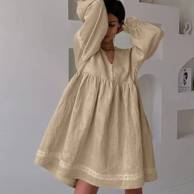 Summer Cotton Linen French Style Dress Commuter Fashion Patchwork Lace Casual Loose Dress Women Sexy V Neck Lantern Sleeve Dress