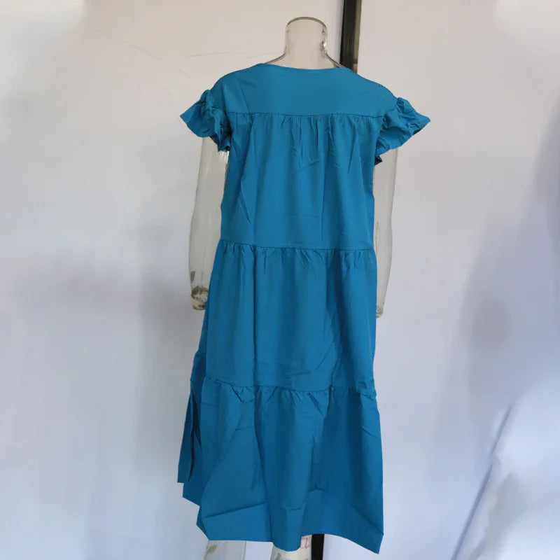 Women's Summer Ruff Sundress Elegant Casual Party Beach Vintage Swing Midi Dress 2022 Solid Bohemian Oversized Vestidos Robe