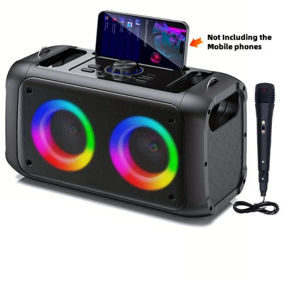 Portable wireless speaker (with subwoofer and wired microphone dual speaker), RGB party light, 2400mAh battery, supports TWS
