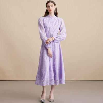 Autumn French High-end Elegant Evening Dress Women's Lace Embroidery Stand Collar Single-breasted Dress Heavy Work Banquet Robe