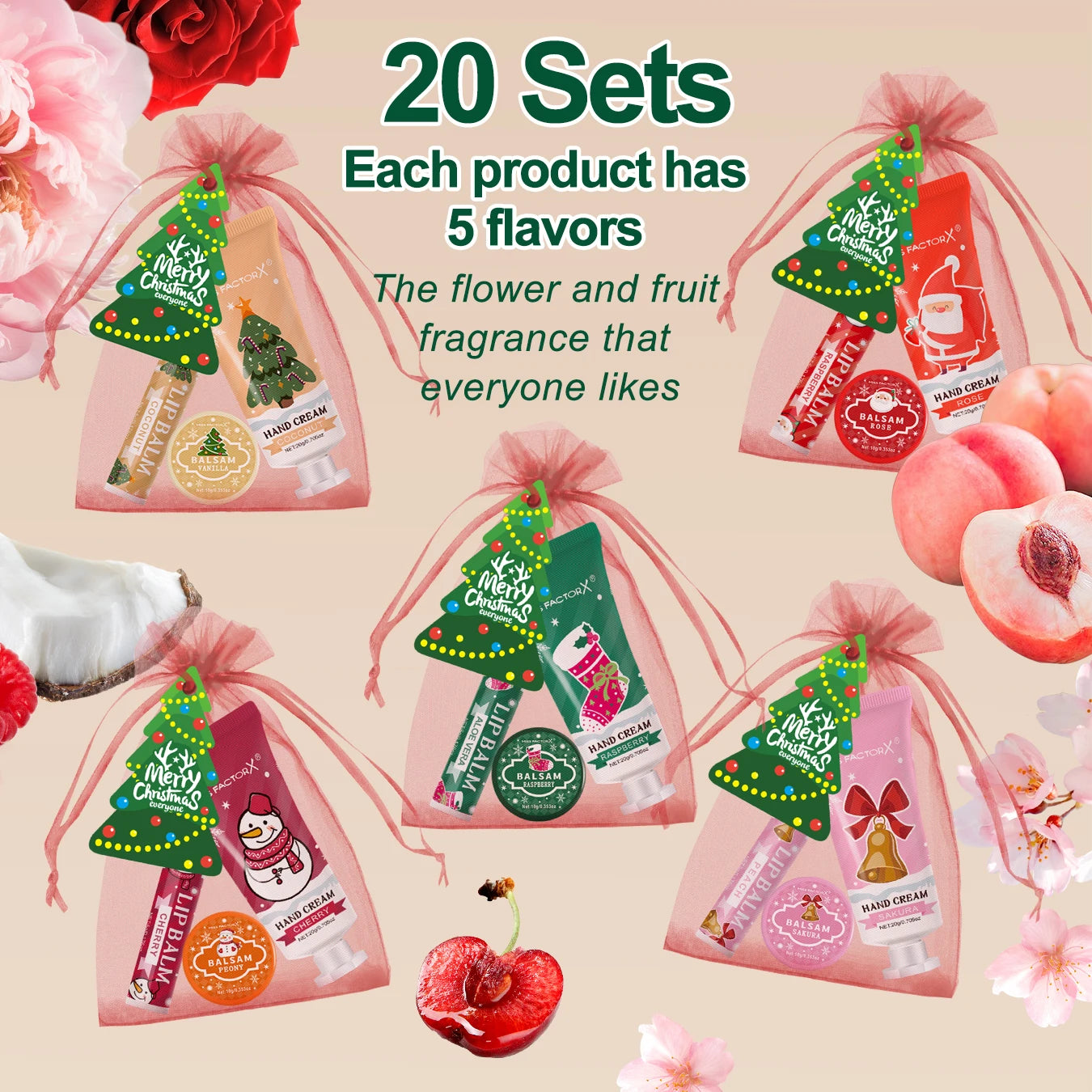 Christmas gift set -100 pieces/box batch lipstick, hand cream, balm, Christmas tree card and red organza bag