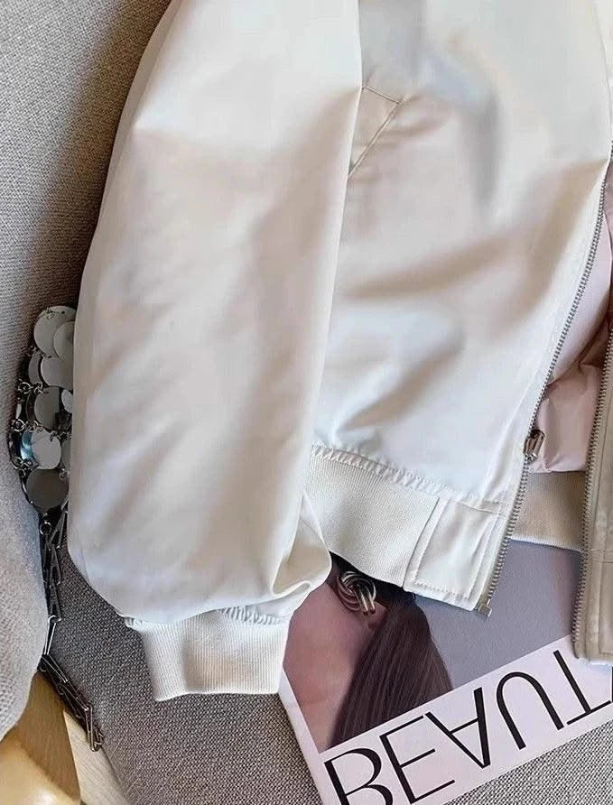 Bomber Jacket for Women Winter Zip-up White Plain Loose Baseball Aviator Coat