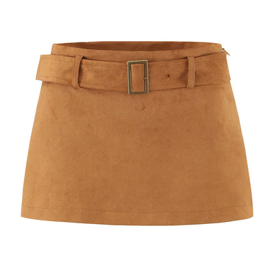 2025 Autumn Y2K Faux Suede Belt Low Waist Mini Skirt With short lining Sexy A-line Package Hips Mini Short Skater Party Femme