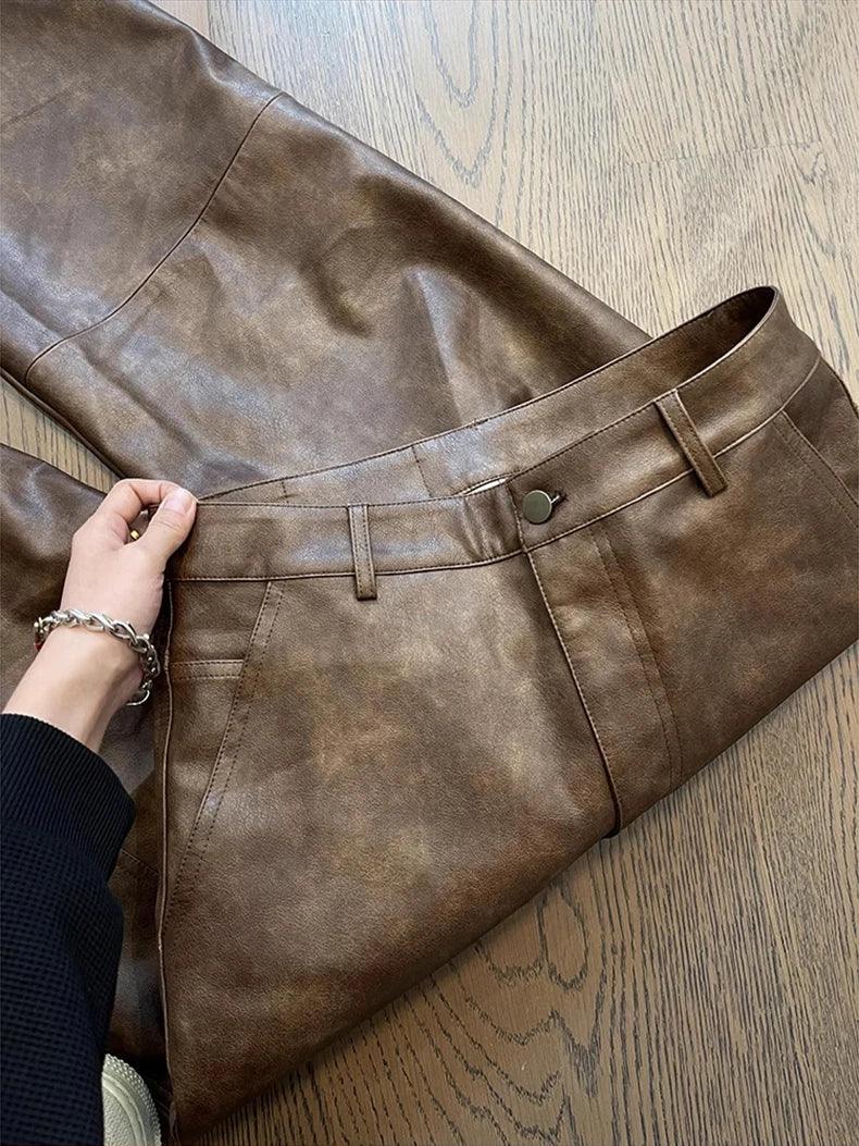 Mauroicardi Autumn Long Retro Cool Baggy Distressed Washed Brown Soft Pu Leather Wide Leg Pants for Men Luxury Designer Clothes