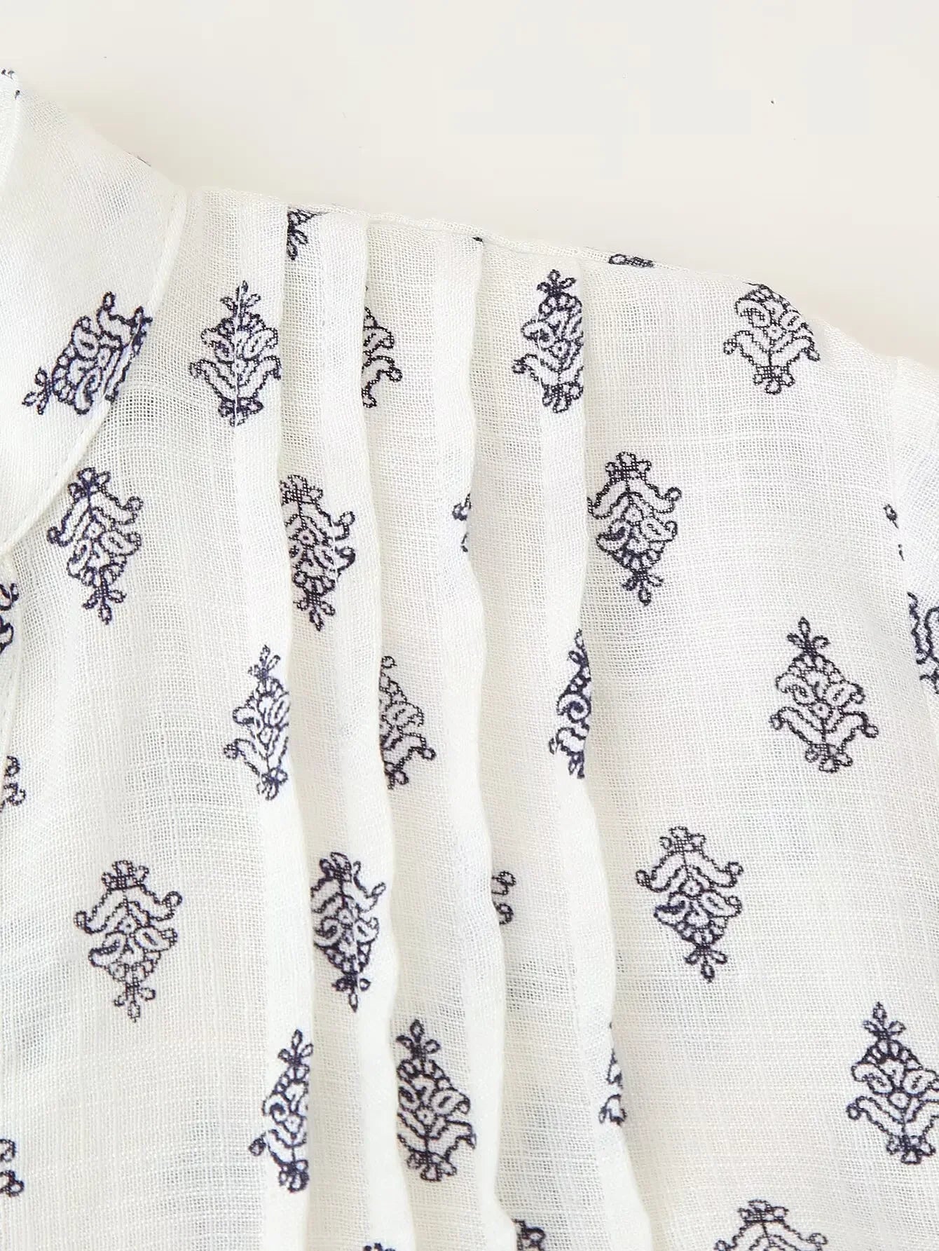 Women's Puffy Sleeve Linen Printed Top