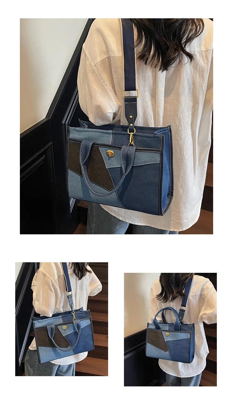 Designer colorblock canvas tote - oversized denim shoulder bag for women stylish work & casual crossbody purse