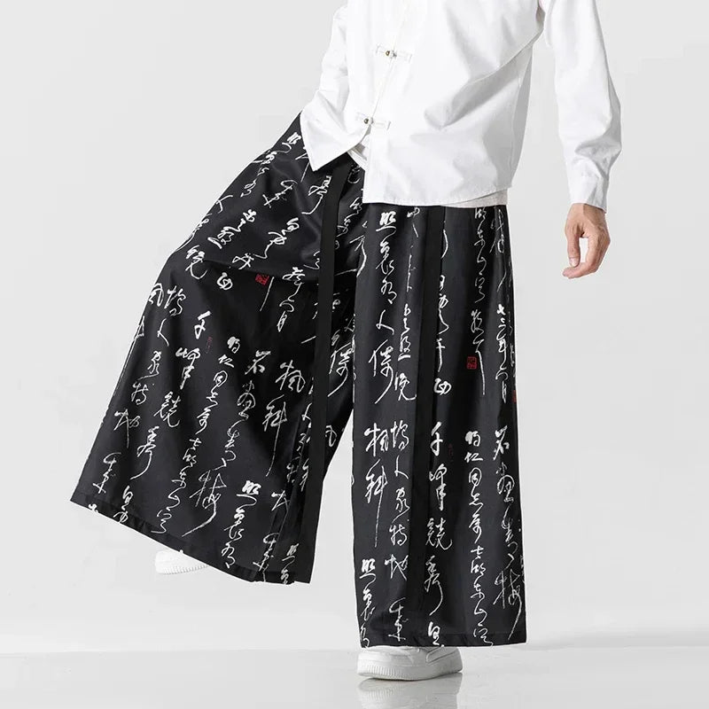 Wide Leg Pants Men's Ukiyo-e Print Elastic Waist Loose Trousers Mens Streetwear Japan Samurai  Casual Joggers Vintage Long Pants