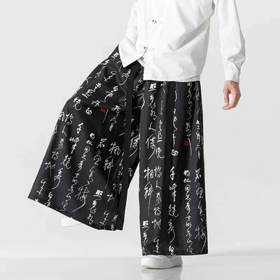 Wide Leg Pants Men's Ukiyo-e Print Elastic Waist Loose Trousers Mens Streetwear Japan Samurai  Casual Joggers Vintage Long Pants