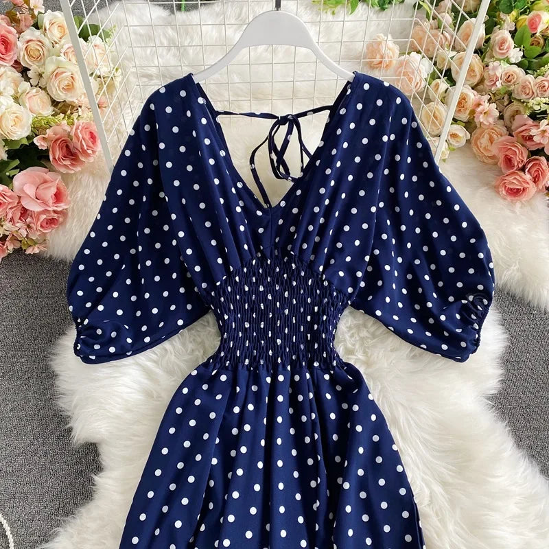 V Neck Sexy Dolman Sleeves Waist Slim Polka Dot Print Jumpsuit Women Wide Leg Trousers Jumpsuit