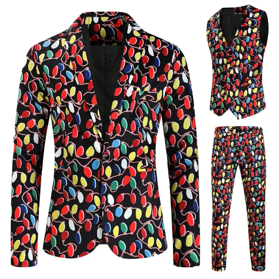 Men's Blazers Sets Rainbow Striped Print Blazers Jacket+Pants+Vest Man three Pieces Sets Prom Party Stage Singer Dancer Costumes
